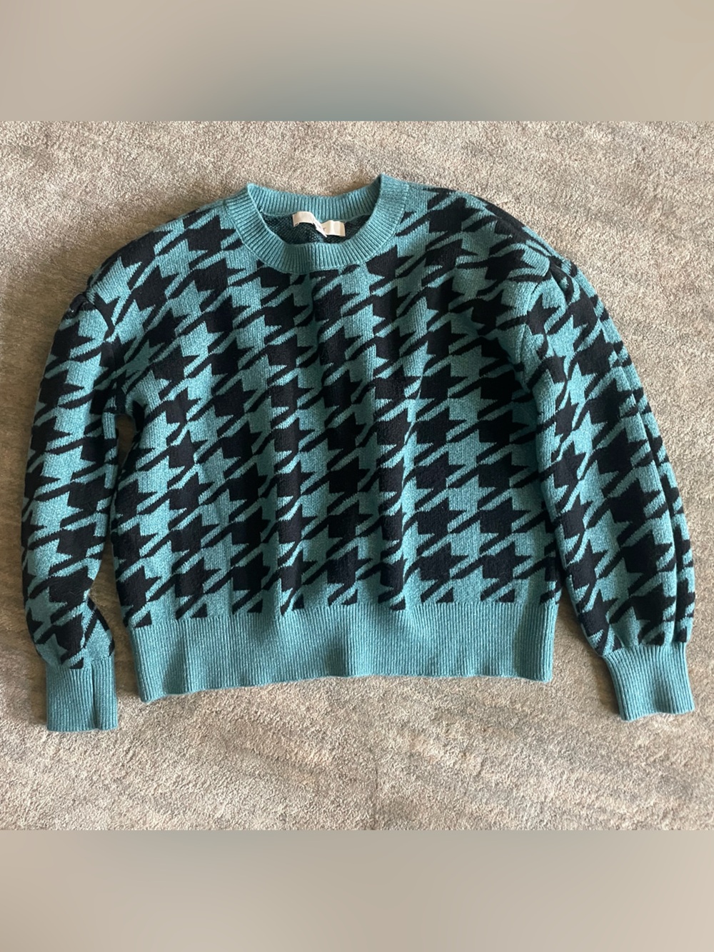 LOFT Teal Blue & Black Houndstooth Crewneck Sweater M